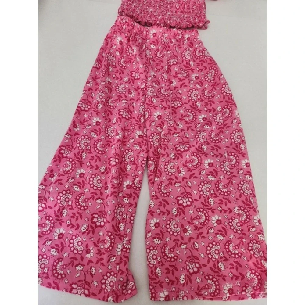 btween Girls Pink Floral Smocked Off Shoulder Crop Top Wide Leg Jumpsuit 3T - Picture 3 of 11